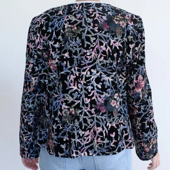 Vintage Tahari Arthur Levine Black & Maroon Sequin Velvet Embroidered Jacket 14 - Picture 3 of 14